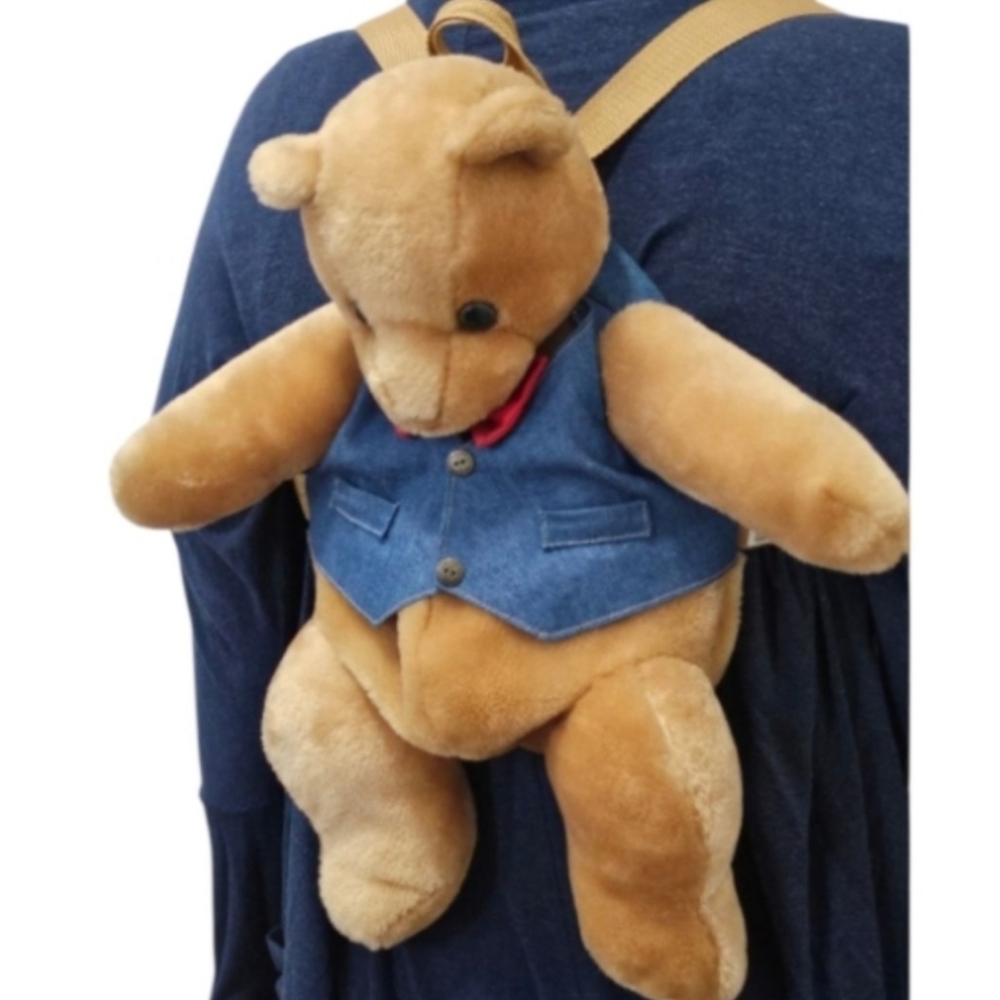 Vintage 90's-Y2K Light Brown Plush Teddy Bear Backpack with Blue Denim Vest